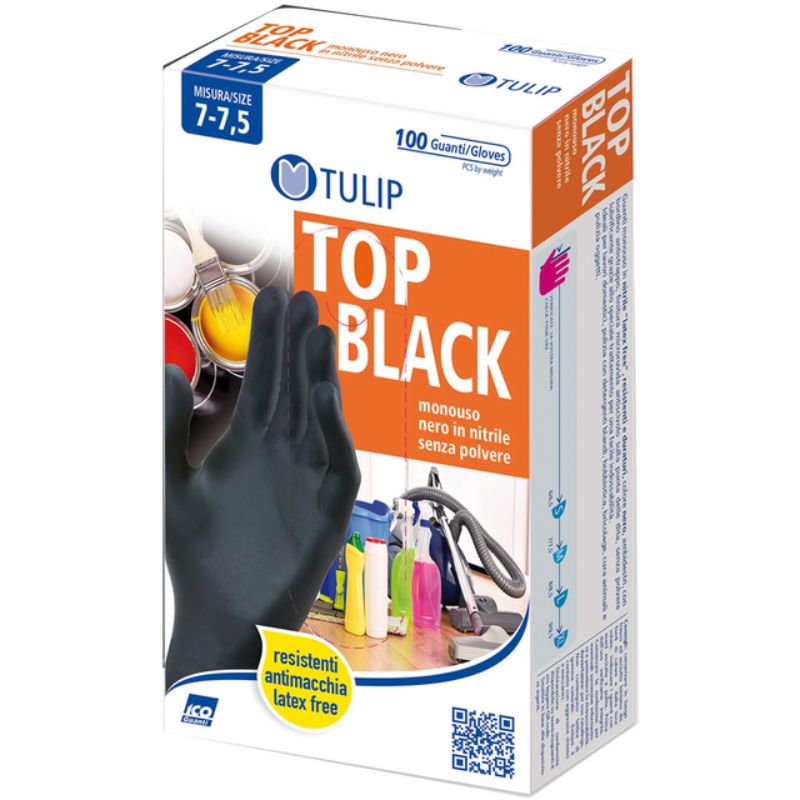 Tulip Top Black Guanti In Nitrile monouso senza polvere 100 PZ Misura M 7-7,5